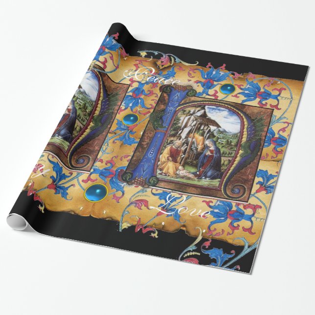 PAPIER CADEAU MONOGRAMME DE LA NATIVITÉ PARCHEMENT FLORAL DE NOË (Déroulé)