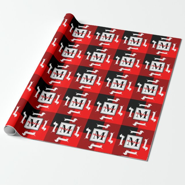Papier Cadeau Monogramme de Noël de teckel de plaid de Buffalo (Déroulé)