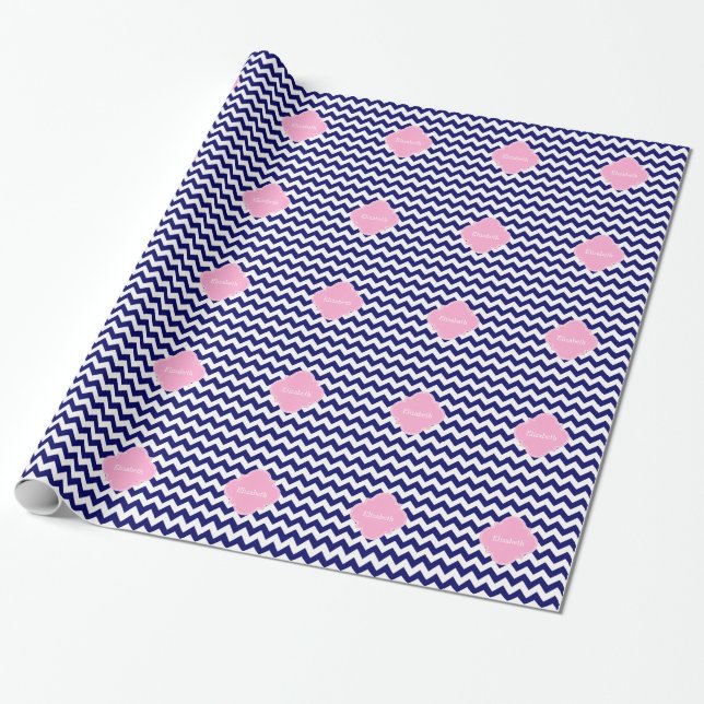 Papier Cadeau Monogramme de Quatrefoil rose Chevron ZigZag (Déroulé)