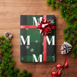 Papier Cadeau Monogramme d'hiver initial de Plaid vert et de flo
