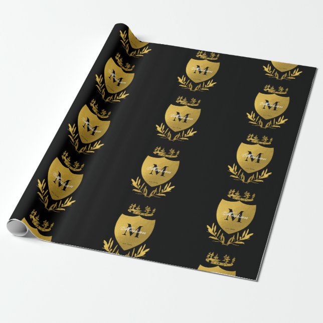 Papier Cadeau Monogramme du bouclier royal noir et or (Déroulé)