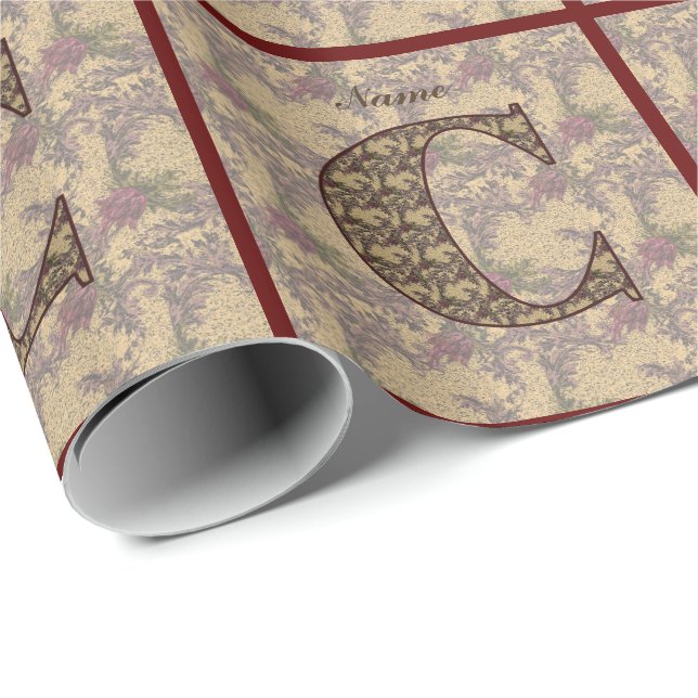 Papier Cadeau Monogramme Floral Initial C Votre Nom Élégant (Coin rond)