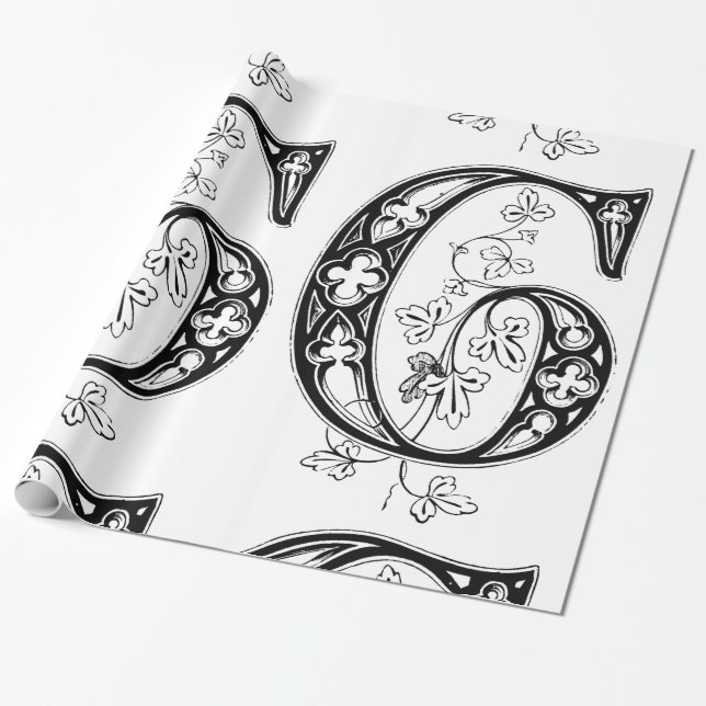 Papier Cadeau Monogramme G Modèle floral noir et blanc initial (Déroulé)