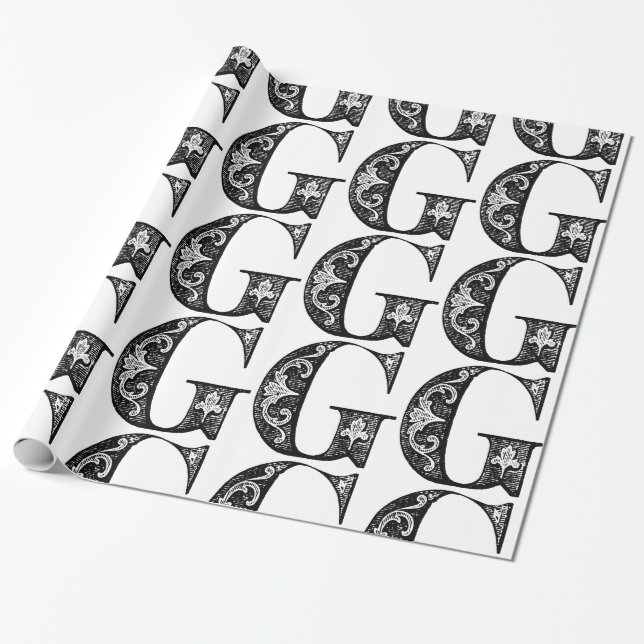 Papier Cadeau Monogramme G Modèle floral noir et blanc initial (Déroulé)