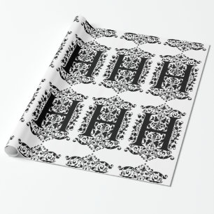 Papier Cadeau Monogramme H Modèle floral noir et blanc initial