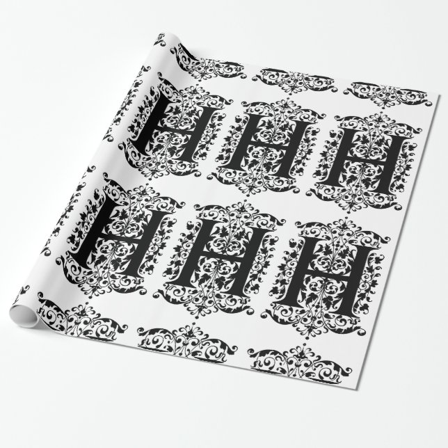 Papier Cadeau Monogramme H Modèle floral noir et blanc initial (Déroulé)
