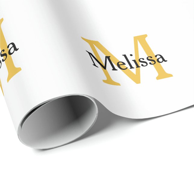 Papier Cadeau Monogramme Initiale Nom Or Noir Blanc Personnalisé (Coin rond)