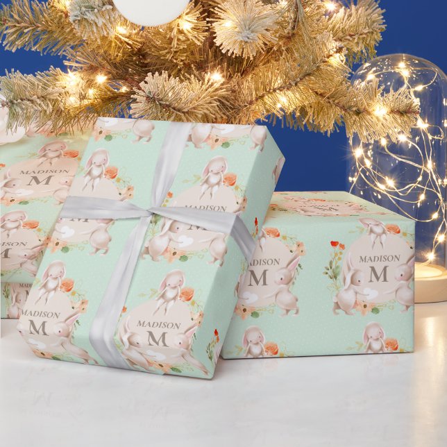 Papier Cadeau Monogramme Lapin lapins Floral Baby Personnalisé (Vacances)