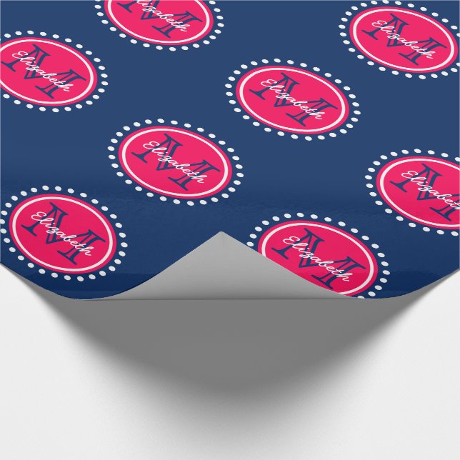 Papier Cadeau Monogramme lumineux de point de polka de rose (Coin)