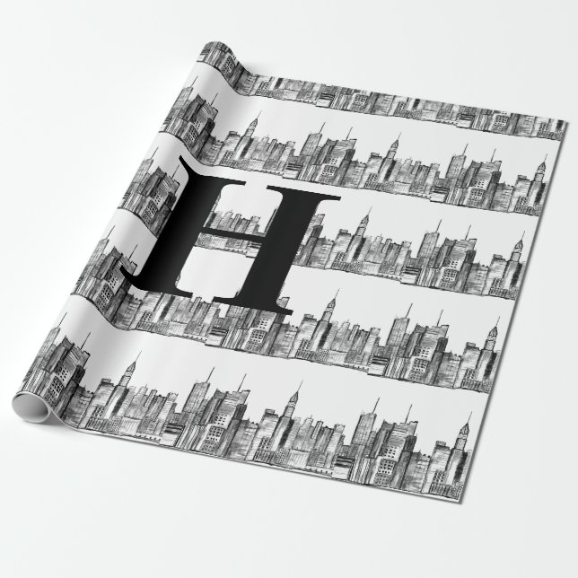 Papier Cadeau Monogramme noir blanc simple et élégant de New Yor (Déroulé)