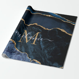 Papier Cadeau Monogramme Nom Agate Marine Bleu Marbre Or Cadeau