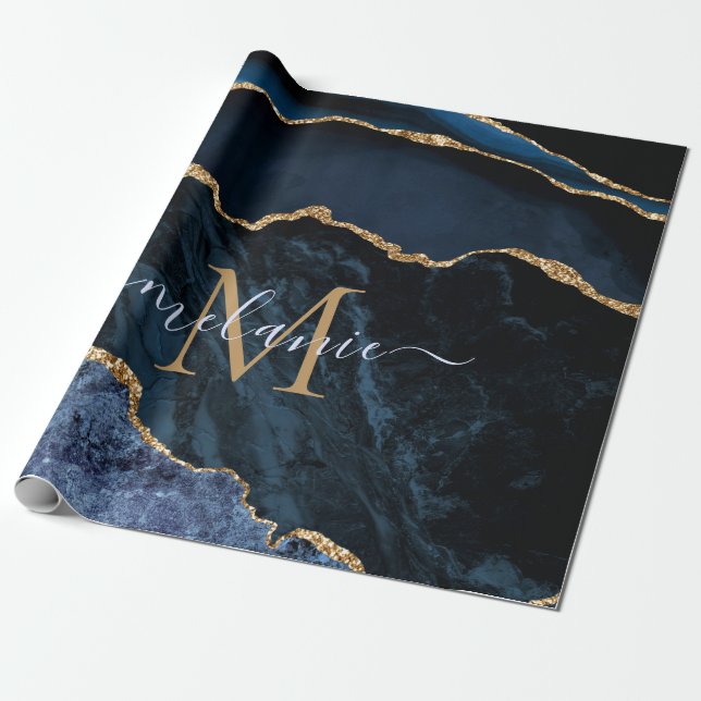 Papier Cadeau Monogramme Nom Agate Marine Bleu Marbre Or Cadeau (Déroulé)