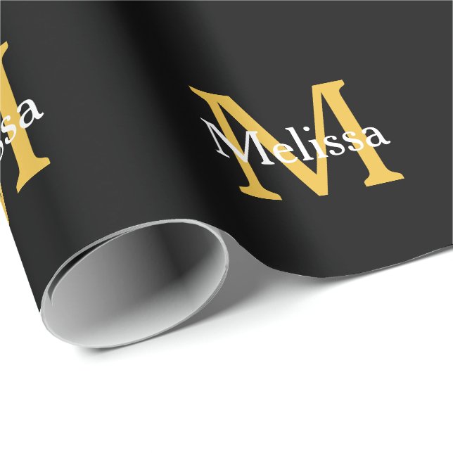 Papier Cadeau Monogramme Nom initial Or Blanc Noir Personnalisé (Coin rond)
