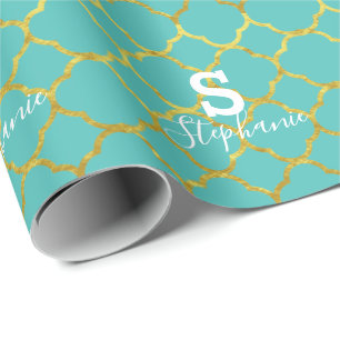Papier Cadeau Monogramme Nom initial Turquoise Blue Gold Foil 20