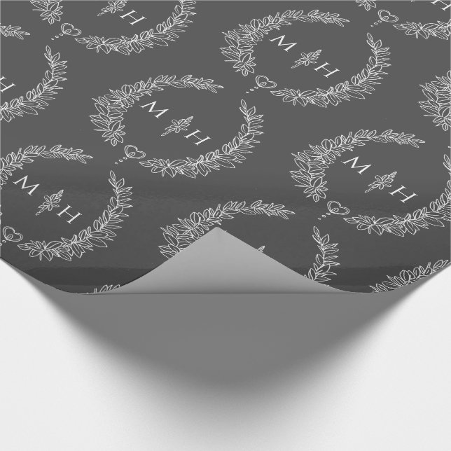 Papier Cadeau Monogramme ovale feuille dessin gris foncé sur bla (Coin)