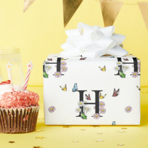 Papier Cadeau Monogramme papillon aquarelle florale lettre H   