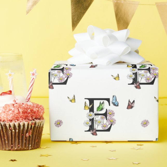 Papier Cadeau Monogramme papillon aquarelle lettre E    (Fête d'anniversaire)