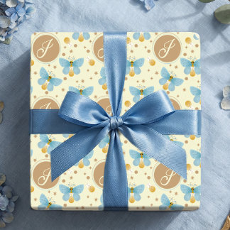 Papier Cadeau Monogramme Papillons Bleus Mignons