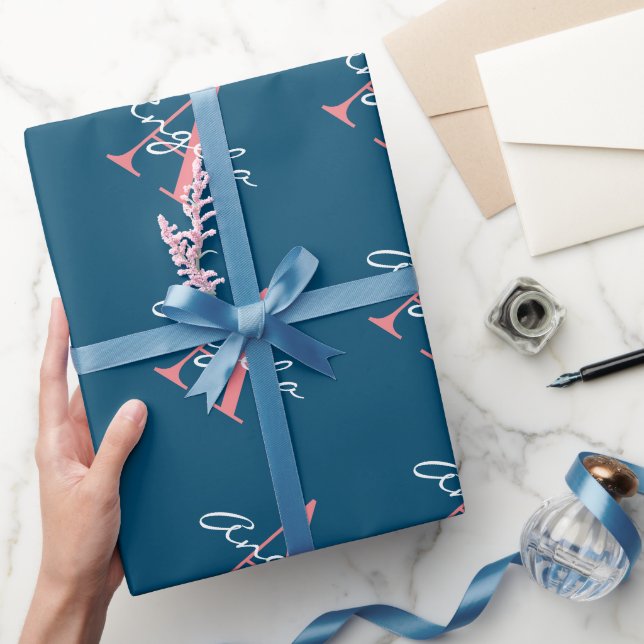 Papier Cadeau Monogramme personnalisé bleu et rose chic Noël (Cadeaux)