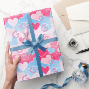 Papier Cadeau Monogramme personnalisé Coeur rose et bleu Moderne