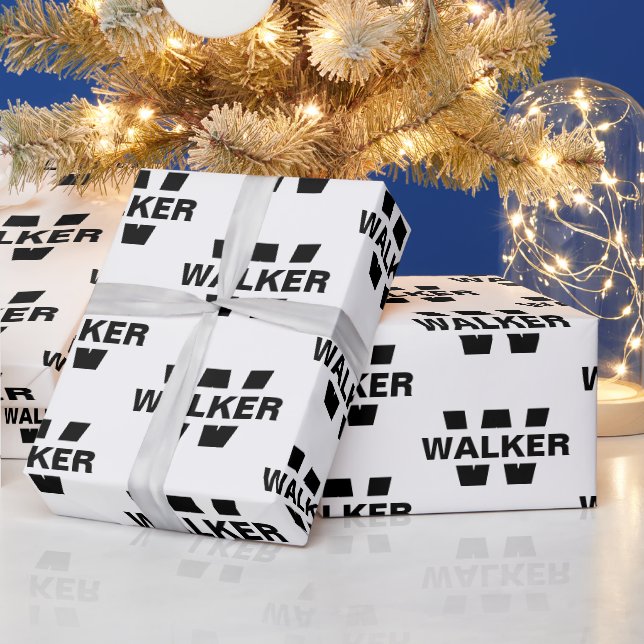 Papier Cadeau Monogramme personnalisé moderne Nom noir et blanc (Vacances)