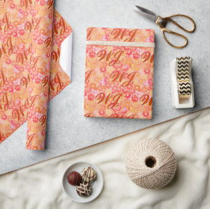 Papier Cadeau Monogramme sur Coral Orange Floral Arrière - plan