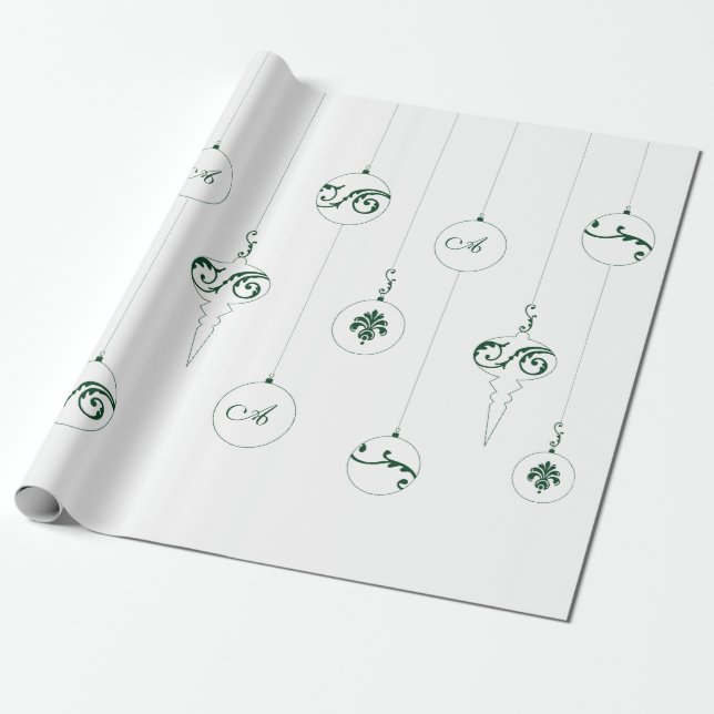 Papier Cadeau Monogramme vert Bauble pendaison ornements Noël (Déroulé)