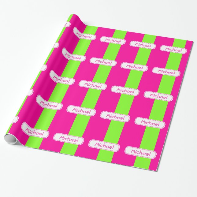 Papier Cadeau Monogramme vert rose rose néon moderne (Déroulé)