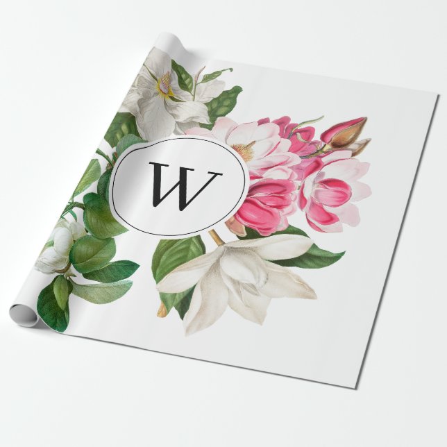Papier Cadeau Monogramme vintage blanc et rose des fleurs de Mag (Déroulé)