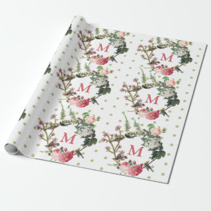 Papier Cadeau Monogramme Vintage Floral et Pois de couronne d'oi