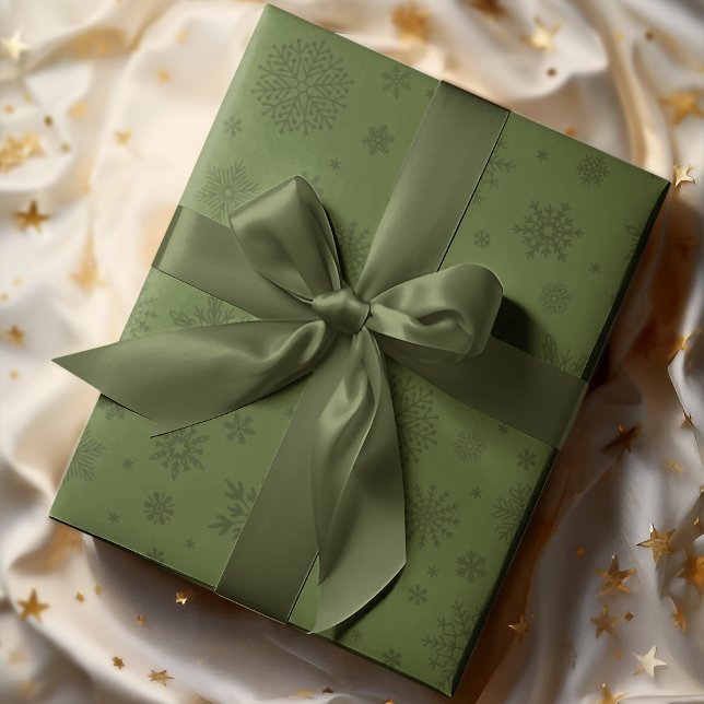 Papier Cadeau Monotone Hiver Flocon de neige Vert olive (Créateur téléchargé)