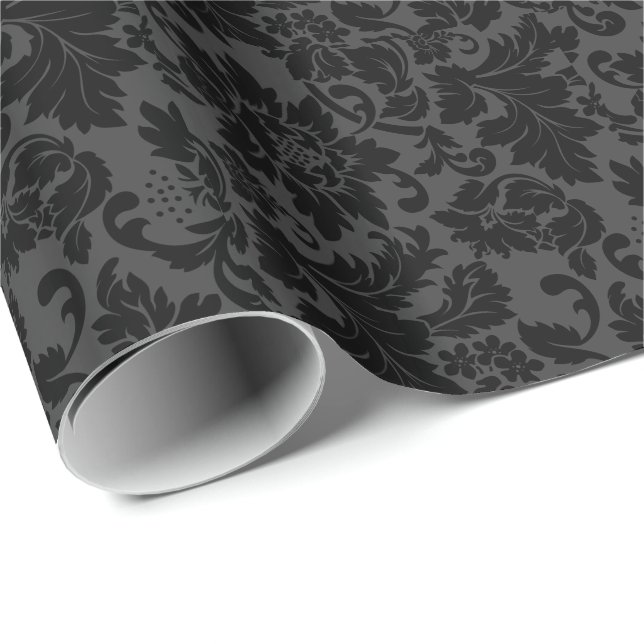 Papier Cadeau Monotones noir et gris Motif de Damas florales (Coin rond)