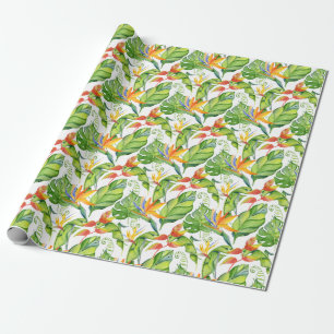 Papier Cadeau Monstera vert tropical et feuilles orange aquarell