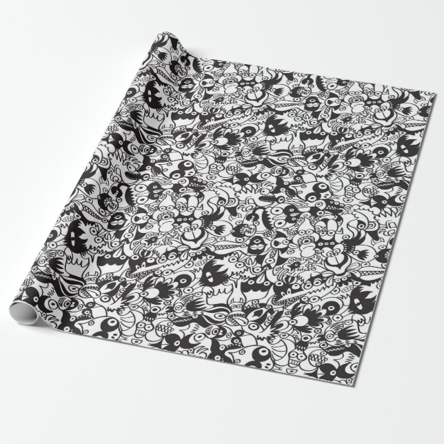 Papier Cadeau Monstre d'horreur noir et blanc dans le style art  (Déroulé)