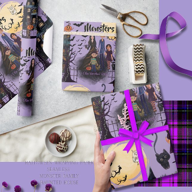 Papier Cadeau Monstres de la maison hantée Halloween continu (Monsters of the Haunted House Continuous Halloween Wrapping Paper)