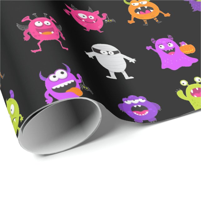 Papier Cadeau Monstres d'Halloween colorés sur noir (Coin rond)