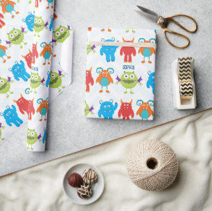 Papier Cadeau Monstres heureux colorés avec Motif de nom d'enfa