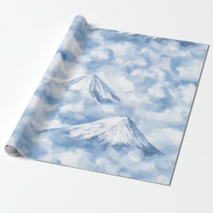 Papier Cadeau Montagnes Douces Aquarelle Neige Nuages Bleu Blanc