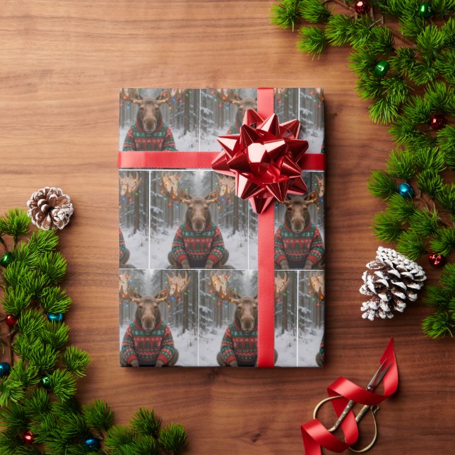 Papier Cadeau Moose Wearing Ugly Christmas Sweater (Cadeau de vacances)