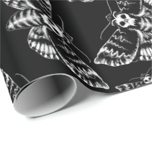 Papier Cadeau Morts noires et grises Tête Faucon Moth Crâne Goth