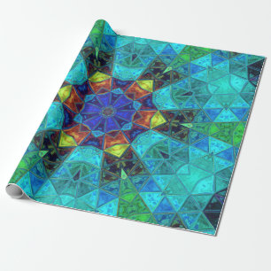 Papier Cadeau Mosaic Kaleidoscope Fleur Bleu Vert et Orange