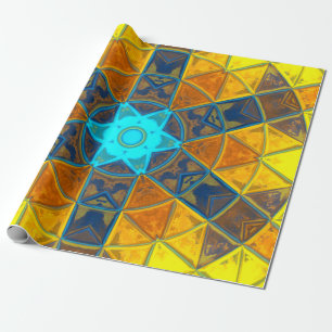 Papier Cadeau Mosaic Kaleidoscope Fleur Jaune et Bleu
