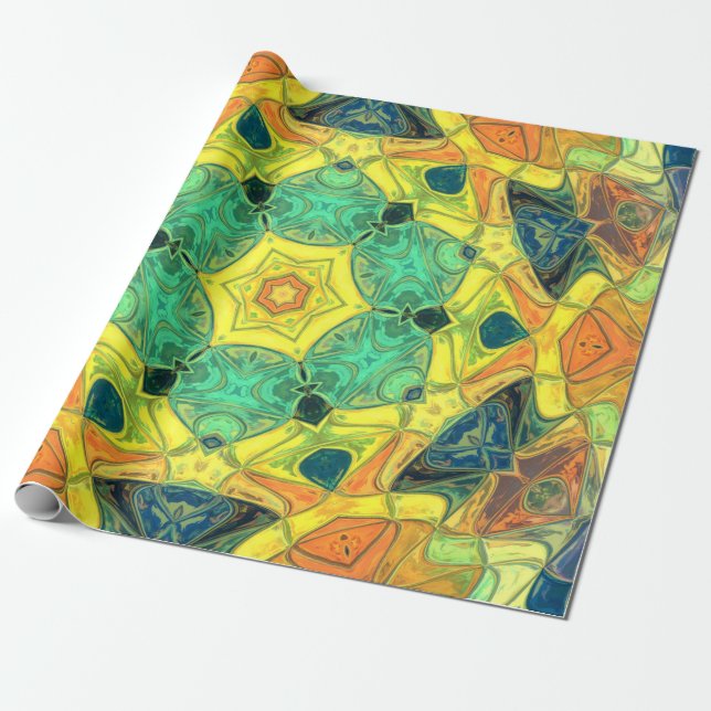 Papier Cadeau Mosaic Mandala Flower vert jaune bleu et orange (Déroulé)