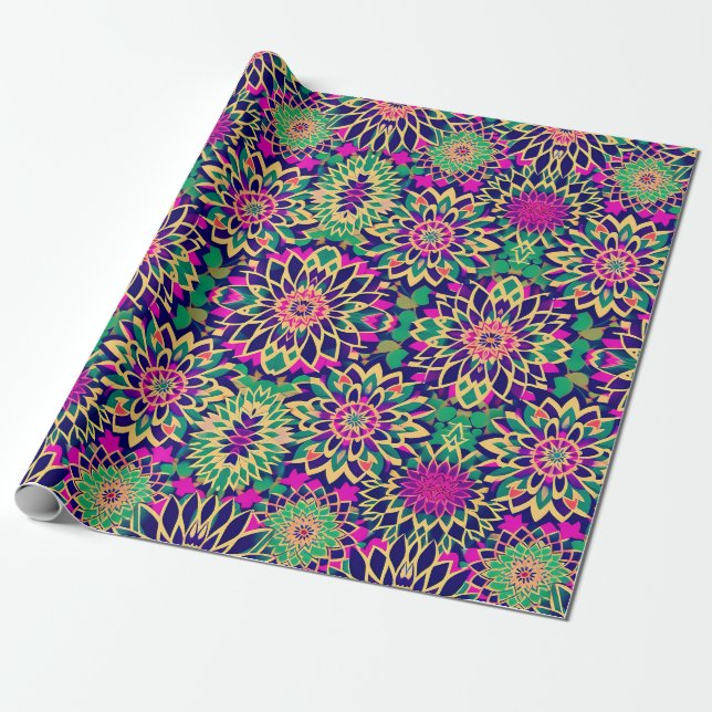 Papier Cadeau Mosaïque marocaine boho fleurs géométriques or vio (Déroulé)
