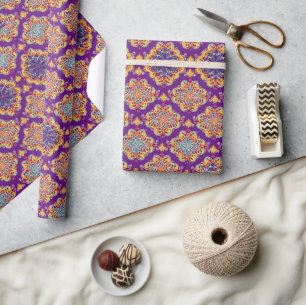 Papier Cadeau mosaïque marocaine boho géométrique fleurs or viol