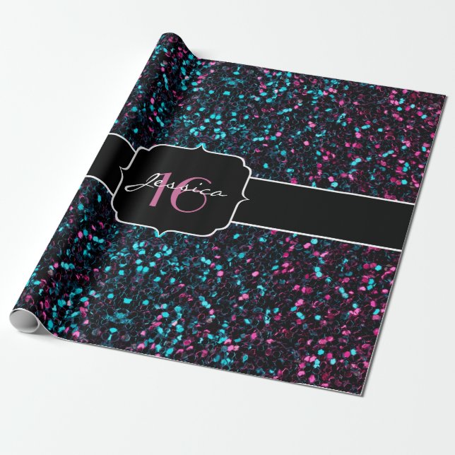 Papier Cadeau Mosaïque rose et bleue brillante Douce 16 (Déroulé)