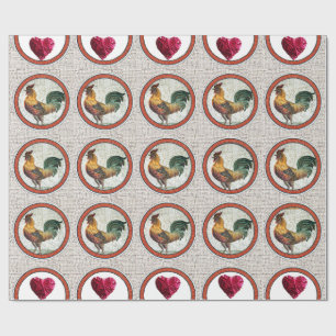 PAPIER CADEAU MOSAÏQUES ROMAINES ANTIQUE, ROOSTER, COEURS ROSE B