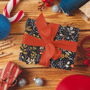 Papier Cadeau Motif à feuilles et à baies complexes sur noir