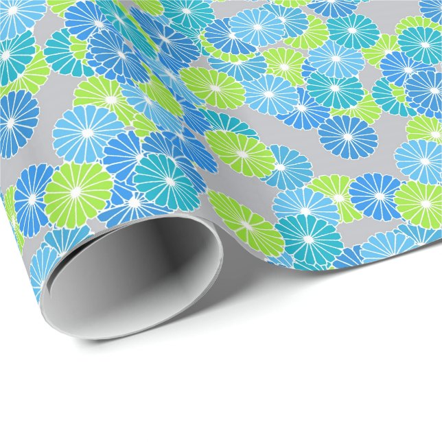 Papier Cadeau Motif à fleurs Art Déco - bleu et vert citron (Coin rond)
