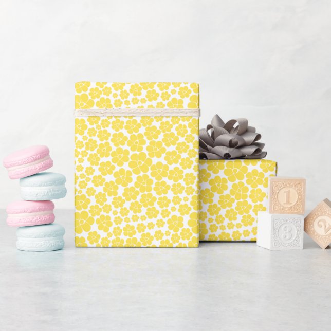 Papier Cadeau Motif à fleurs - Citron jaune et blanc (Baby Shower)